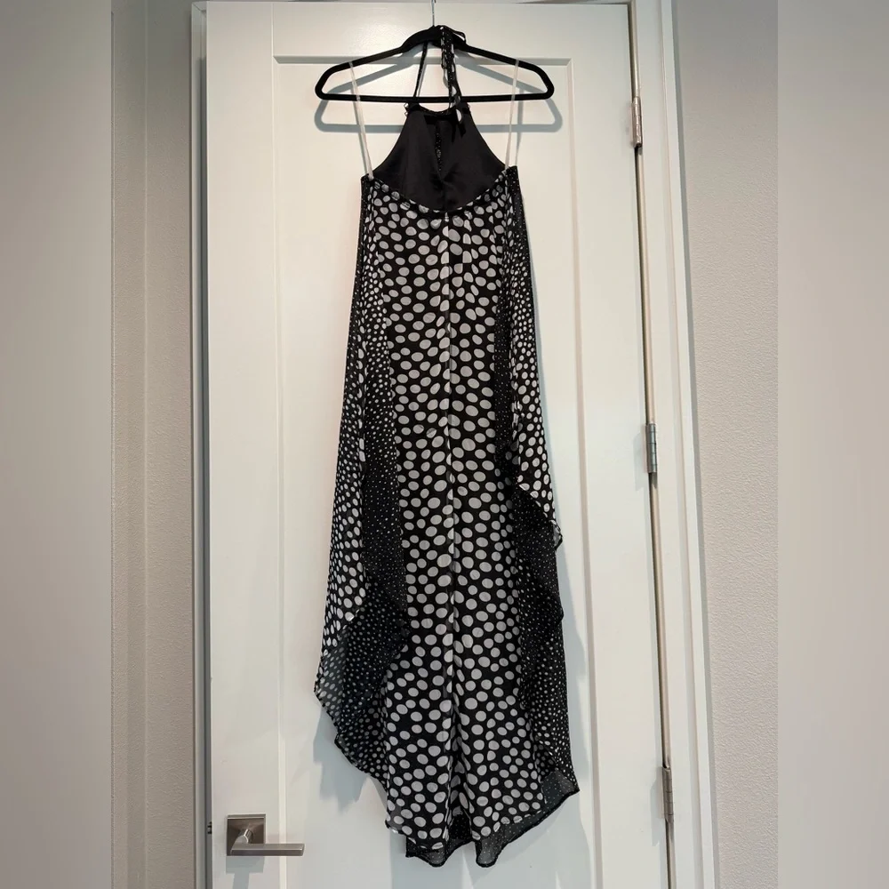 Black Polka Dot Halter Chiffon Maxi Dress Open Back - Picture 4 of 8